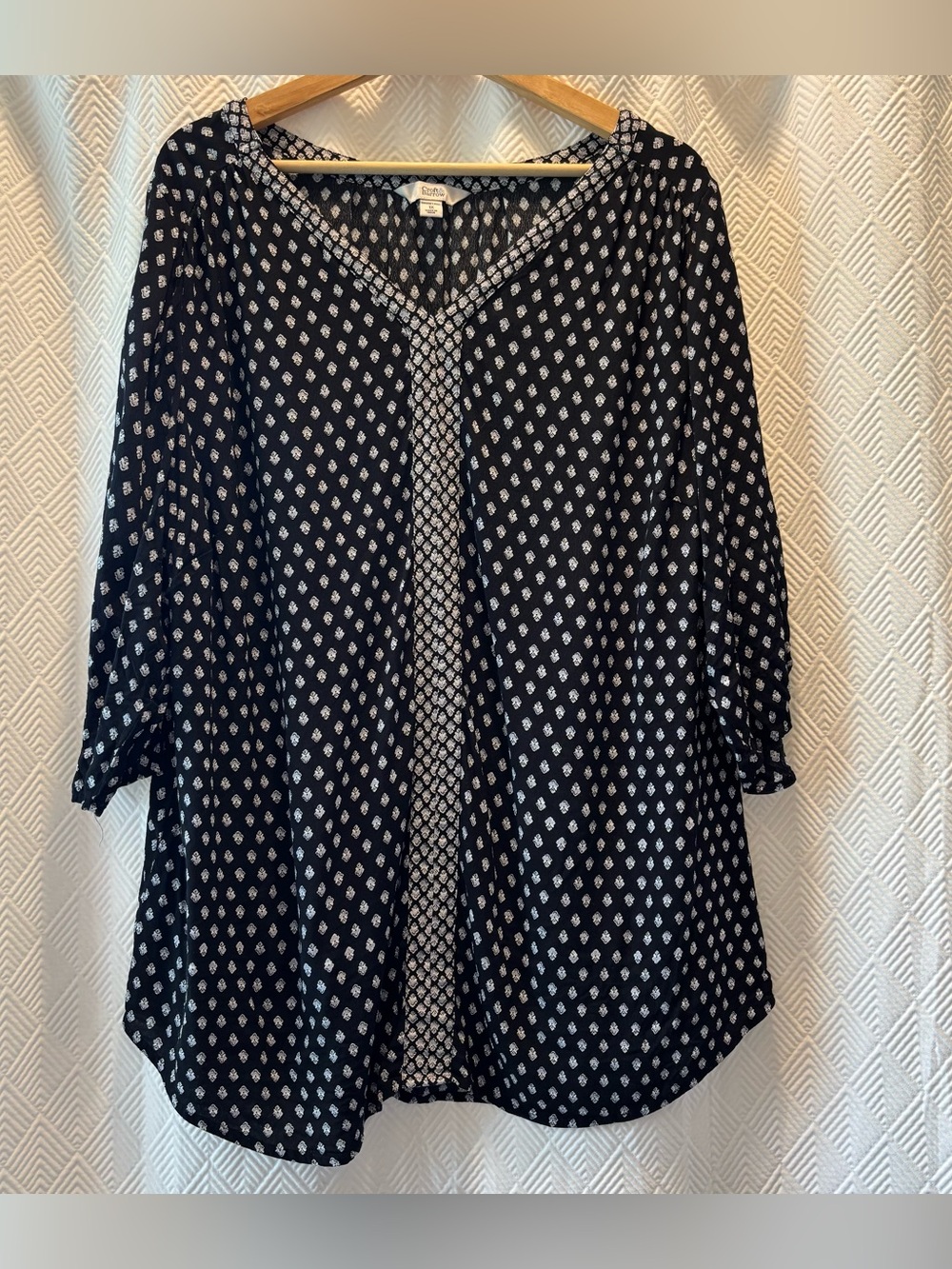 CROFT & BARROW Plus Size 1X Boho Tunic Top Navy White Print Flowy 3/4 Sleeve
